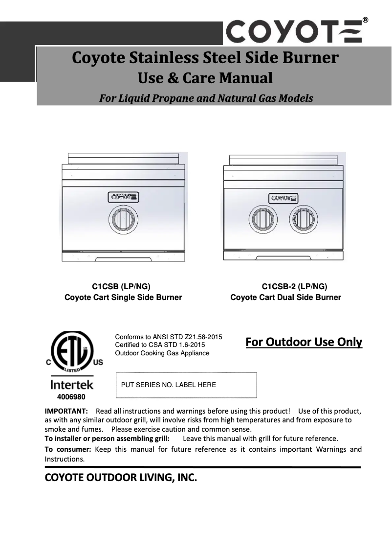 Page 1 de la notice Manuel d'utilisation et d'entretien Coyote C1CSBLP