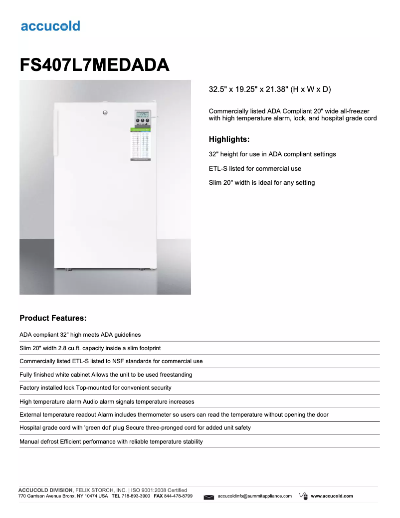 Page 1 de la notice Fiche technique Summit Accucold FS407L7MEDADA