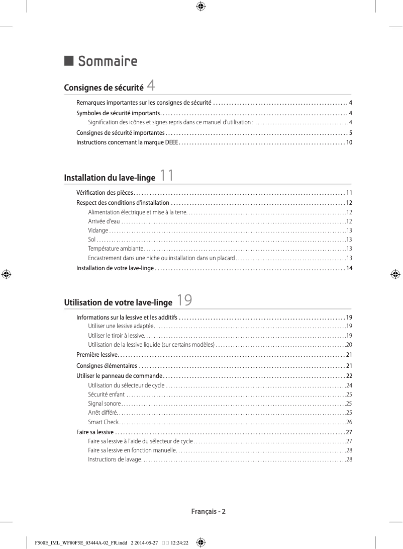 Page 1 de la notice Manuel utilisateur Samsung WF80F5EDW4W