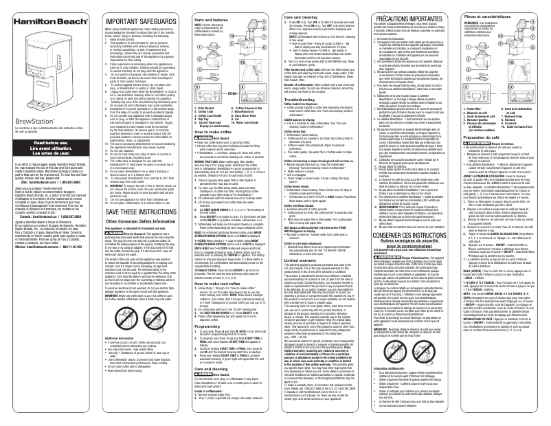 Page 1 de la notice Manuel d'utilisation et d'entretien Hamilton Beach BrewStation 48463