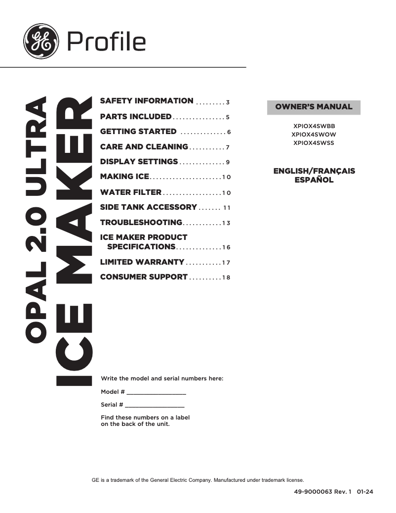 Página 1 del manual Manual de usuario GE Profile Opal XPIOX4SWBB