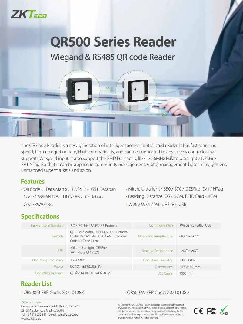 Page 1 de la notice Manuel utilisateur ZKTeco QR500