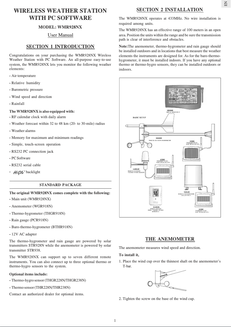 Page 1 de la notice Manuel utilisateur Oregon Scientific WMR 928NX