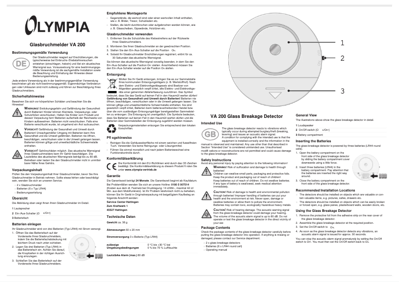 Page 1 de la notice Manuel utilisateur Olympia VA 200