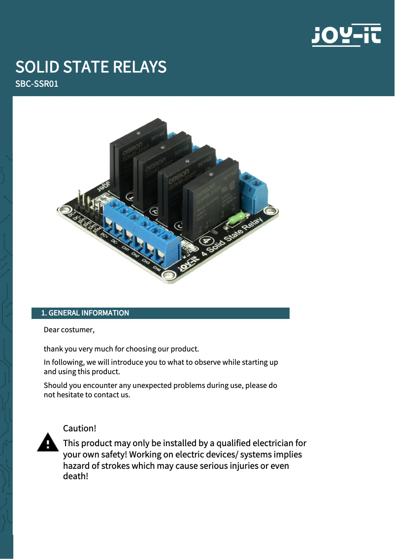 Page 1 de la notice Manuel utilisateur Joy-It sbc-ssr01