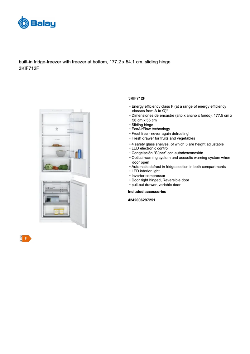 Page 1 de la notice Fiche technique Balay 3KIF712F