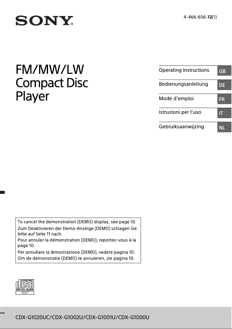 Page 1 de la notice Mode d'emploi Sony CDX-G1001U