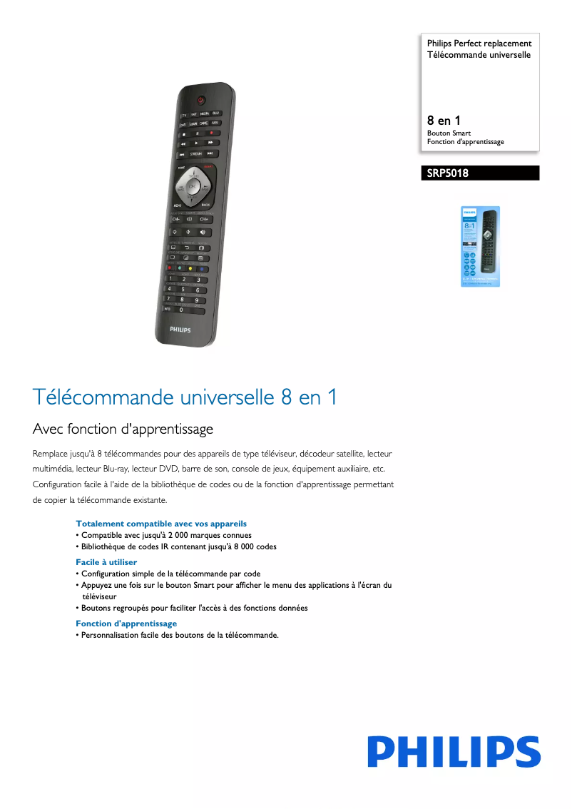 Page 1 de la notice Fiche technique Philips SRP5018