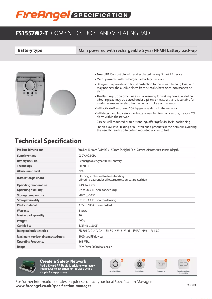 Page 1 de la notice Fiche technique FireAngel FS1552W2-T