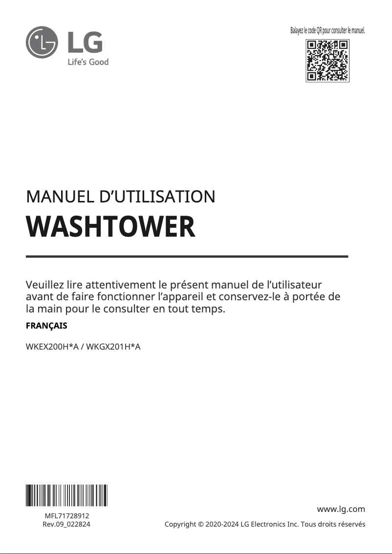 Page 1 de la notice Manuel utilisateur LG WKEX200HWA