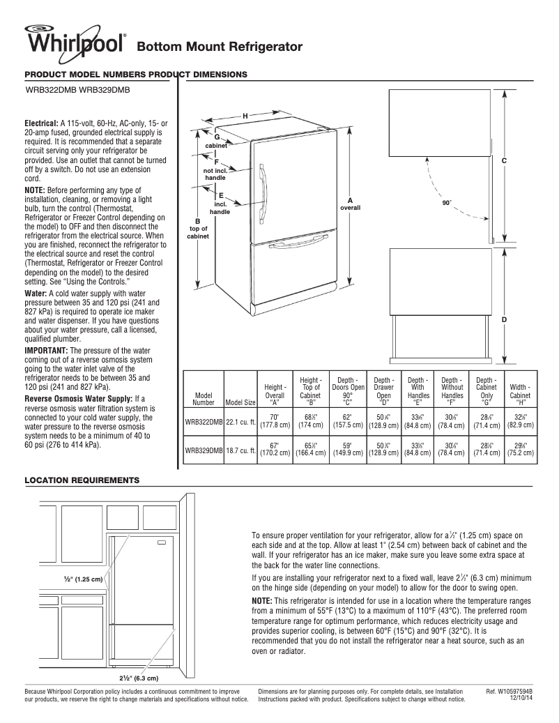 Page 1 de la notice Fiche technique Whirlpool WRB322DMB