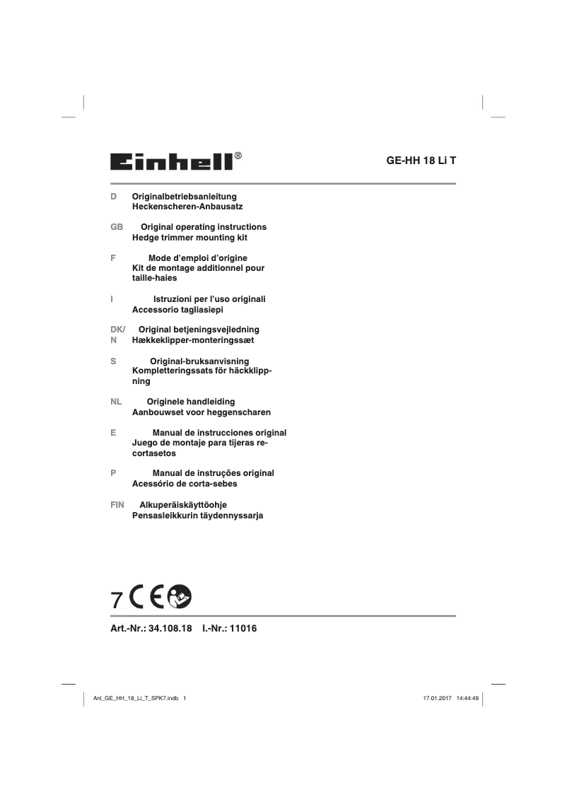 Page 1 de la notice Manuel utilisateur Einhell GE-LC 18 Li T