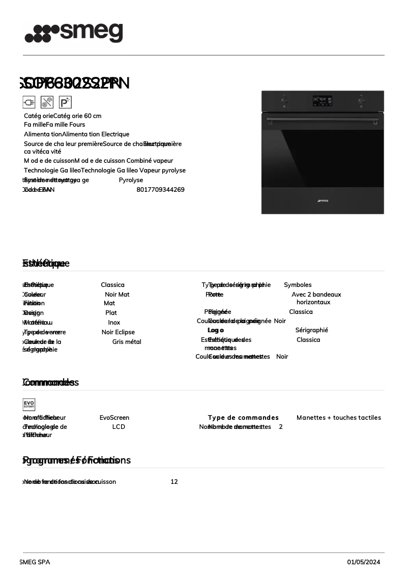Page 1 de la notice Fiche technique Smeg SOP6302S2PN