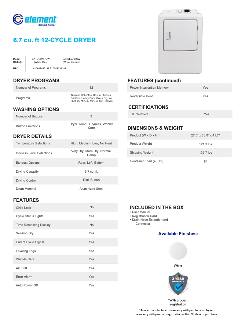 Page 1 de la notice Fiche technique Element EATDG2767CW
