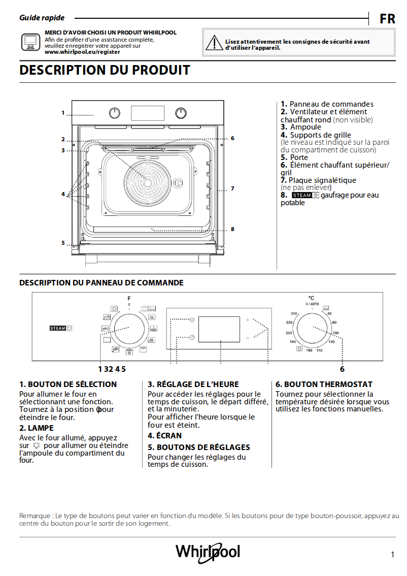 Page 1 de la notice Manuel utilisateur Whirlpool OMSK58CU1SB