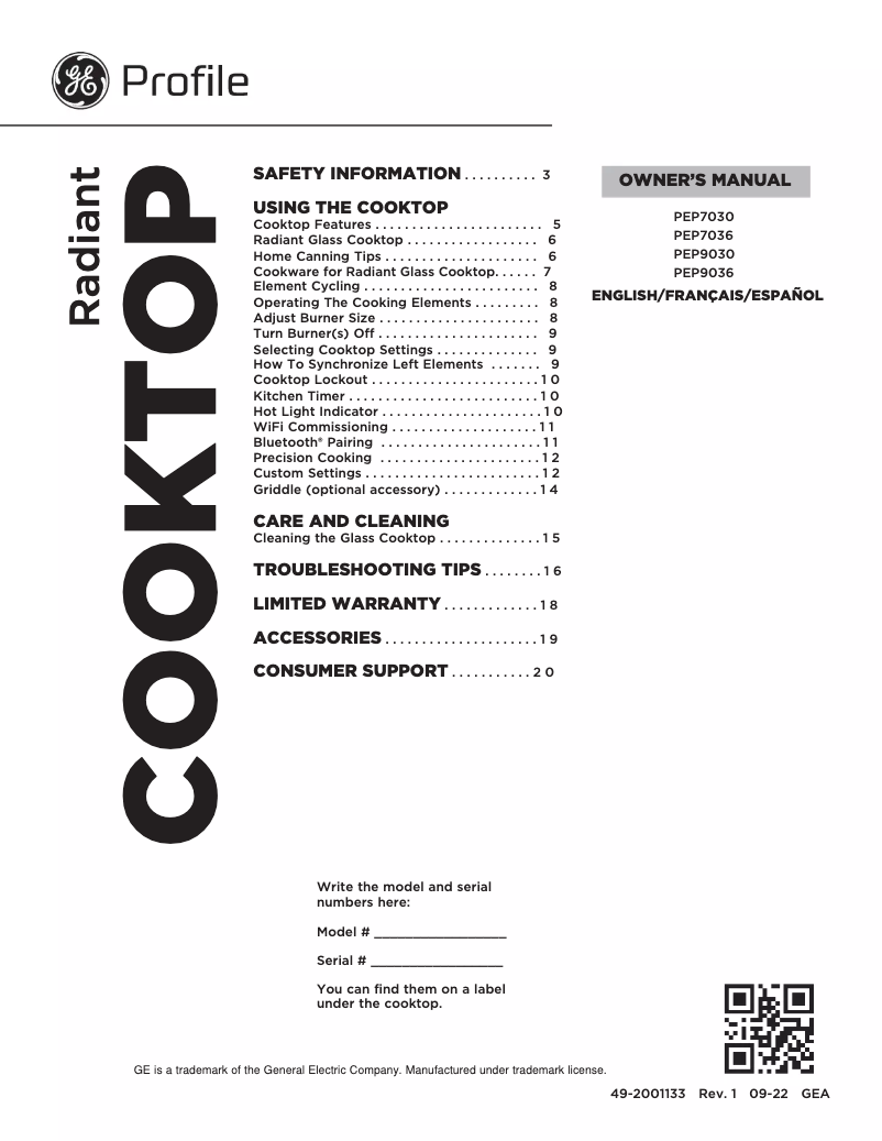 Página 1 del manual Manual de usuario GE Profile PEP9036DTBB
