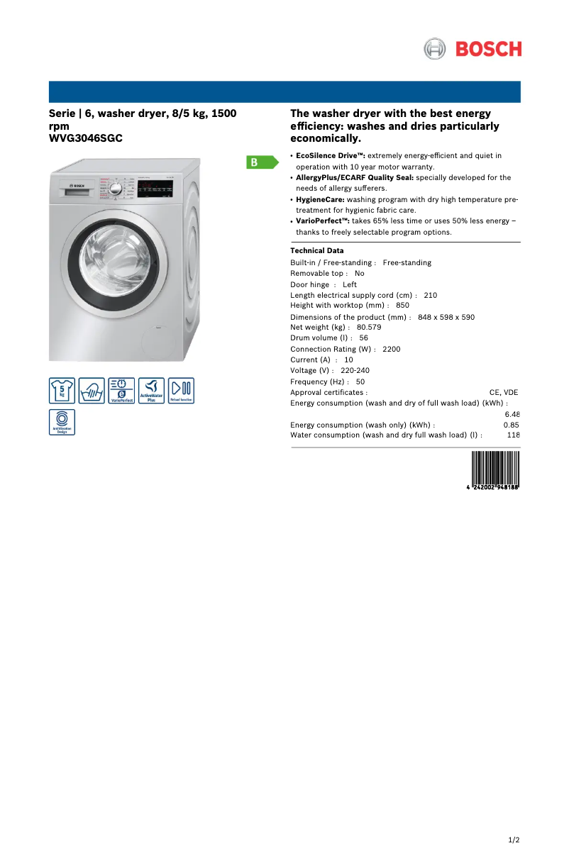 Página 1 del manual Ficha técnica Bosch WVG3046SGC