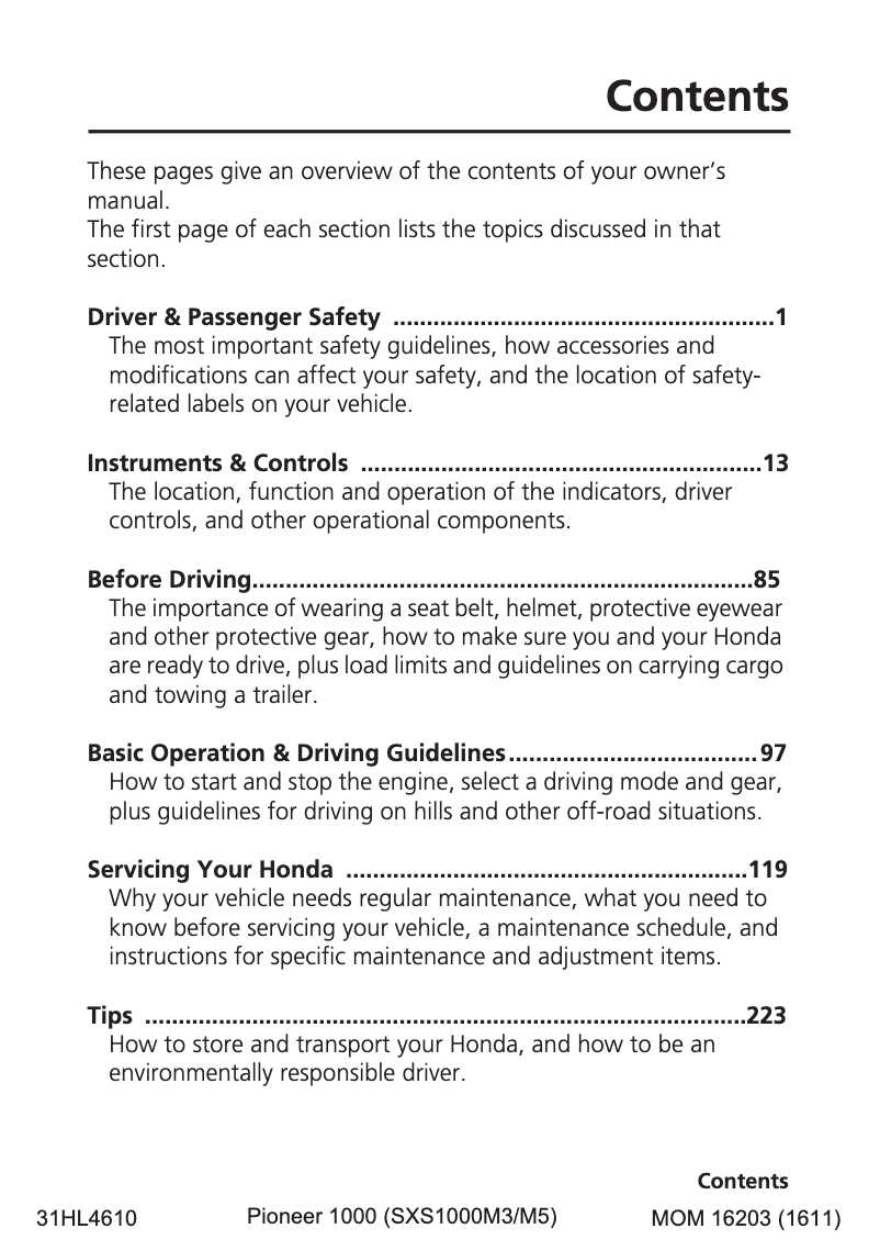 Page 1 de la notice Manuel utilisateur Honda Pioneer 1000-5 (2017)