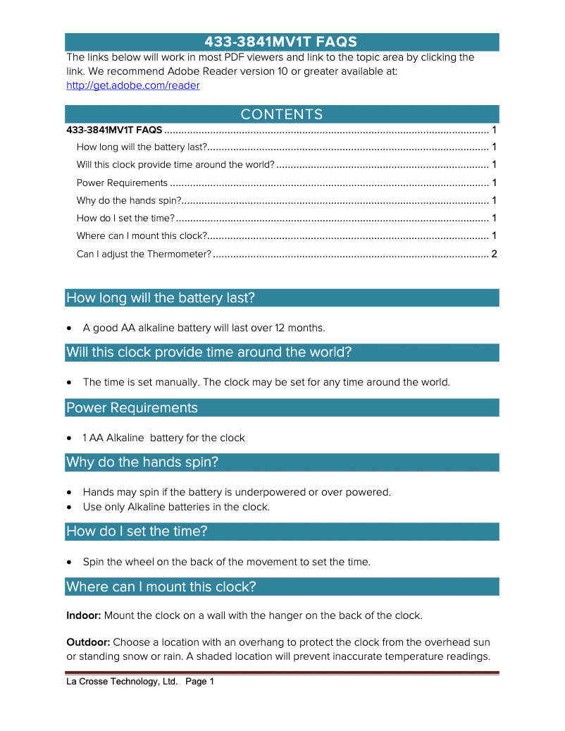 Página 1 del manual Preguntas frecuentes La Crosse Technology 433-3841MV1T