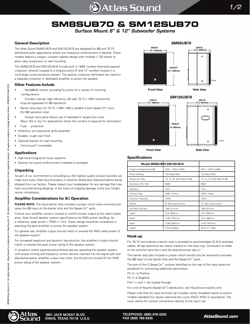 Page 1 of the manual Instruction Manual Atlas Sound SM8SUB70
