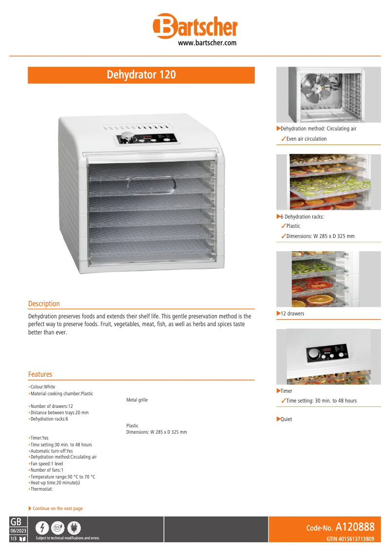 Page 1 de la notice Fiche technique Bartscher A120888
