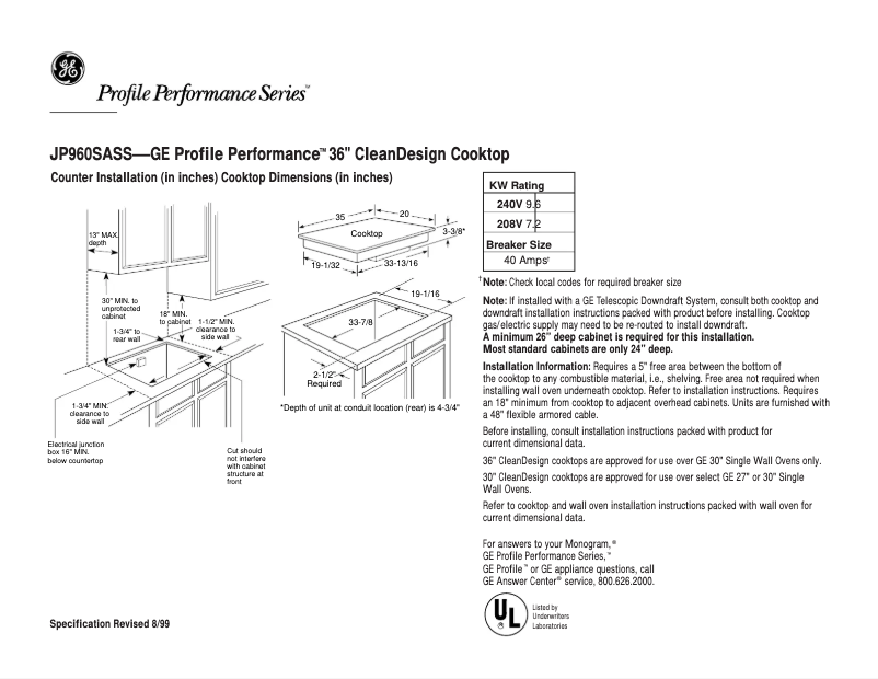 Page 1 of the manual Technical Sheet GE Profile Performance JP960SASS