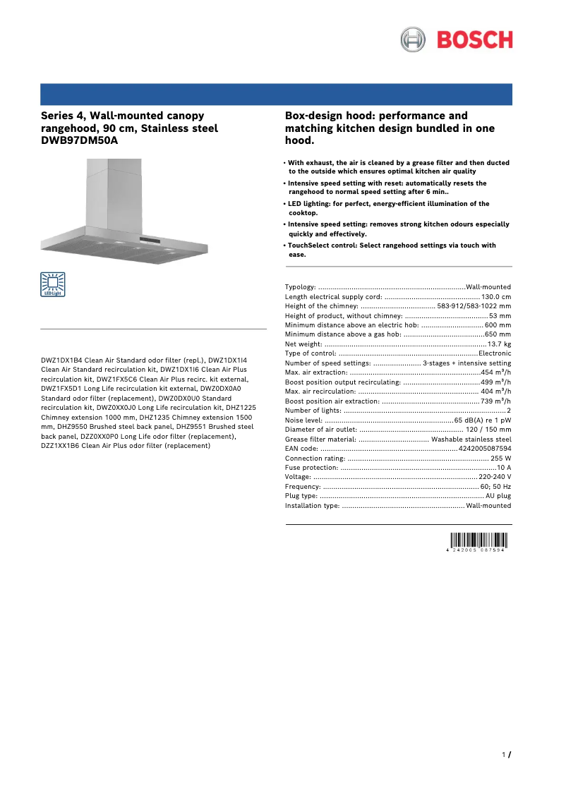 Page 1 de la notice Fiche technique Bosch DWB97DM50A