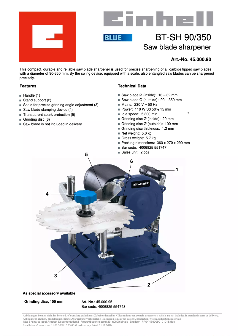 Page 1 de la notice Fiche technique Einhell BT-SH 90/350