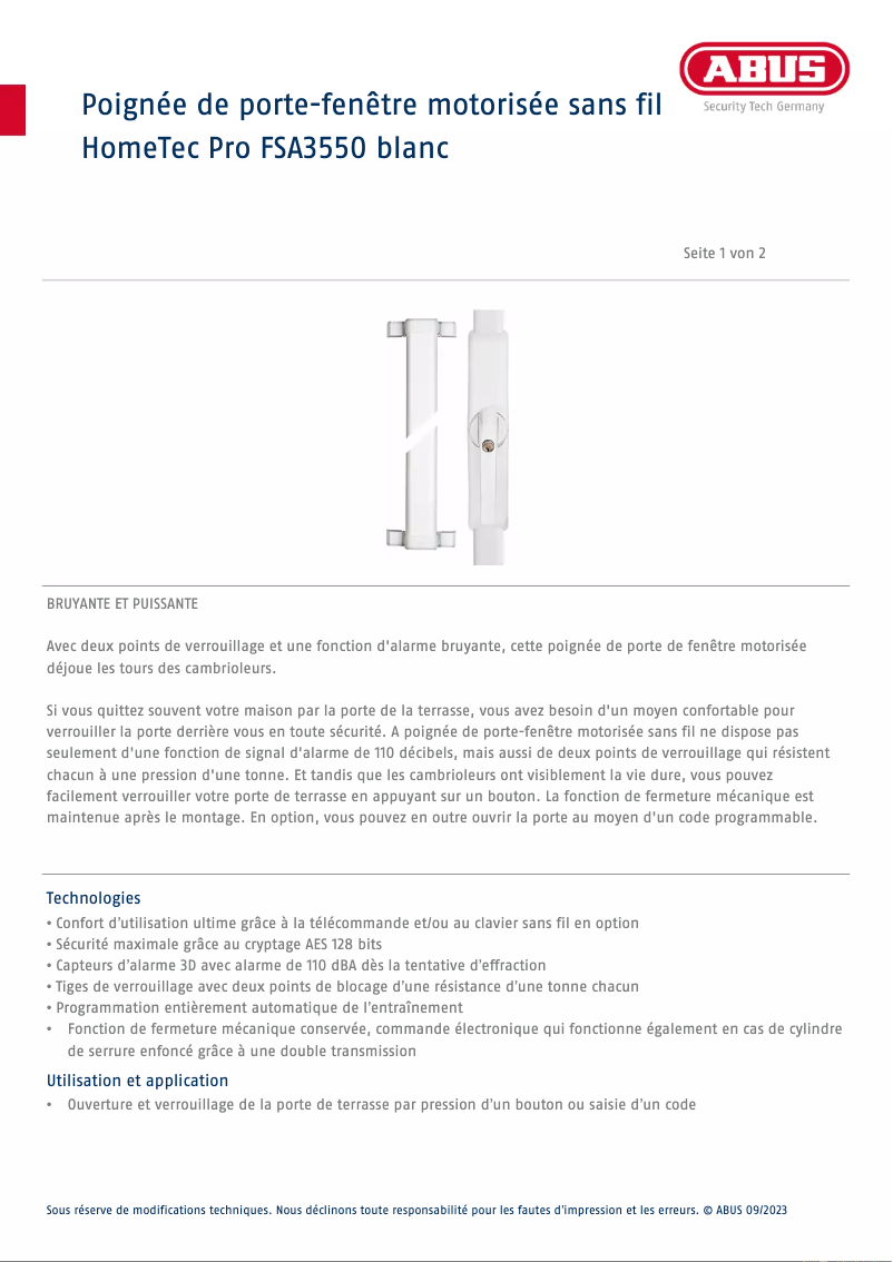Page 1 of the manual Technical Sheet Abus HomeTec Pro FSA3550