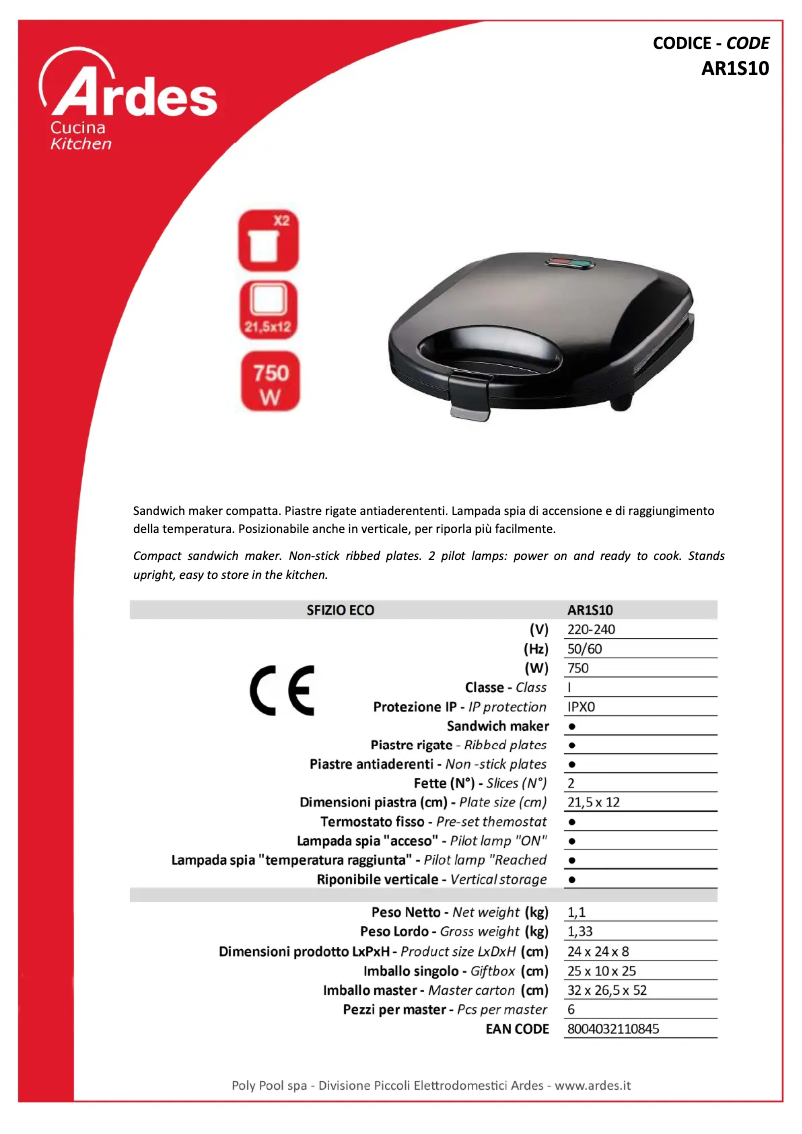 Page 1 de la notice Fiche technique Ardes AR1S10