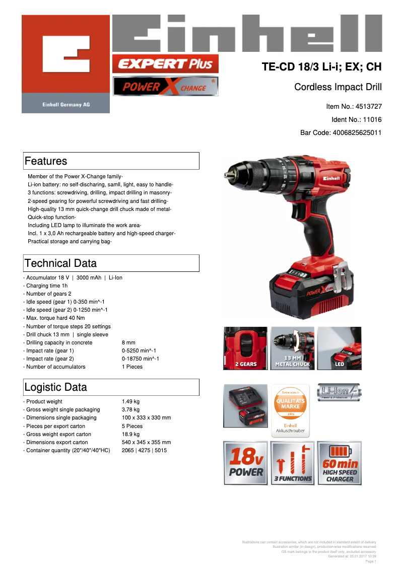 Page 1 de la notice Fiche technique Einhell TE-CD 18/3 Li-i