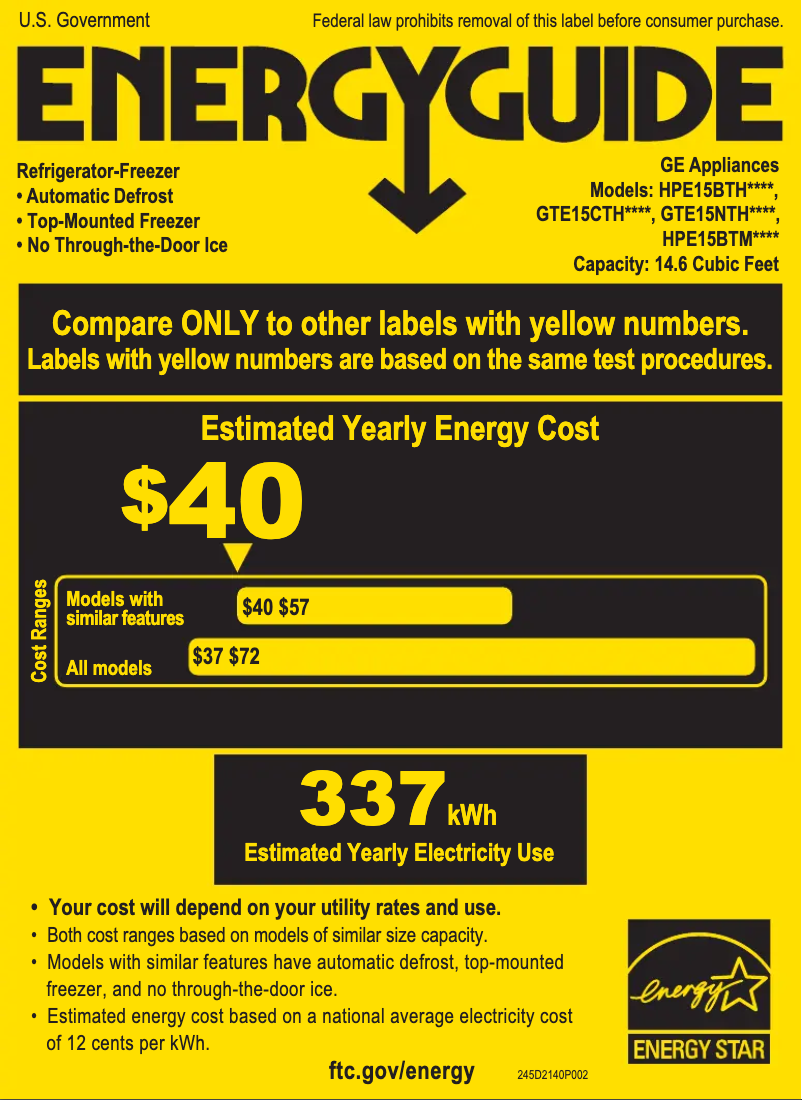 Page 1 de la notice Label énergétique GE GTE15CTHRCC