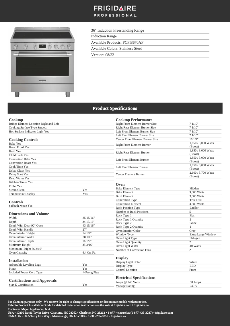 Page 1 de la notice Fiche technique Frigidaire PCFI3670AF