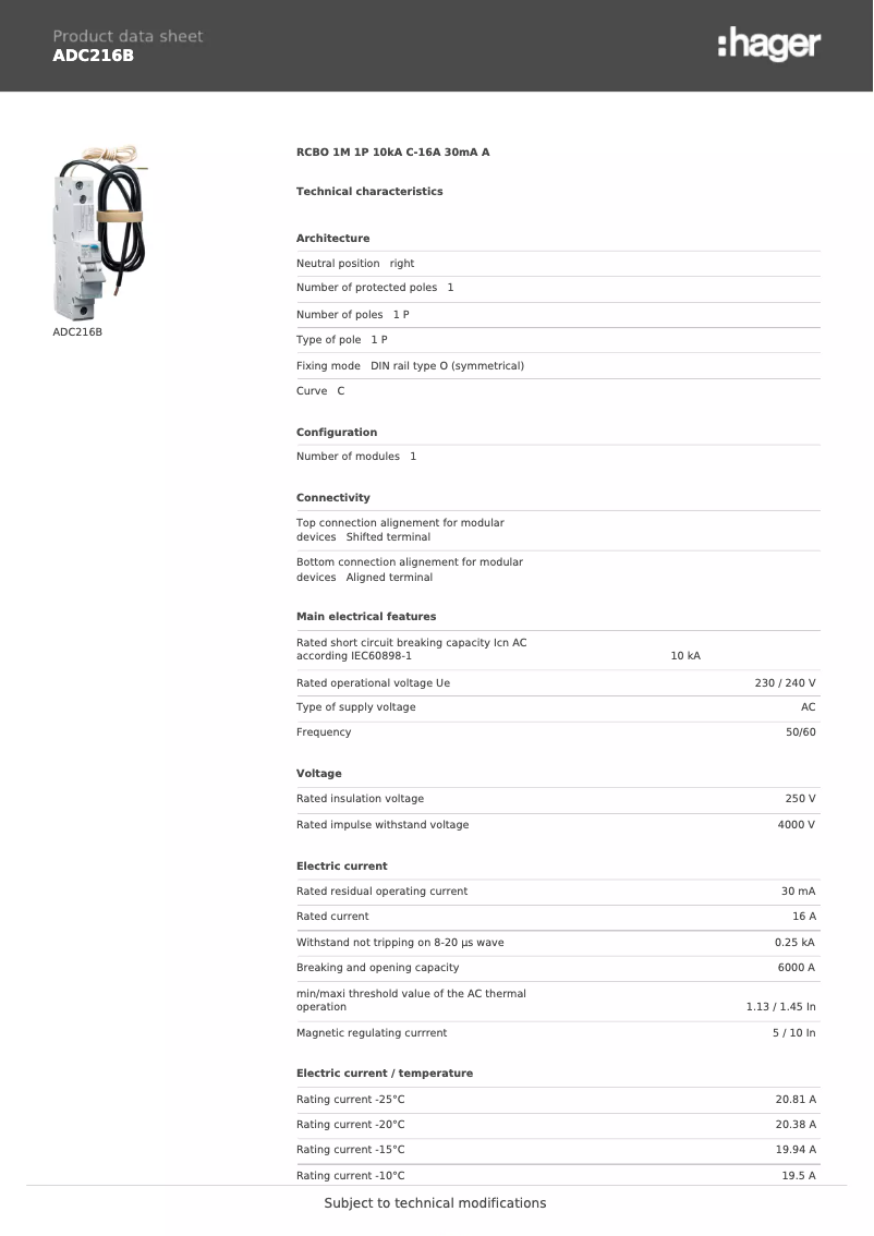 Page 1 de la notice Fiche technique Hager ADC216B