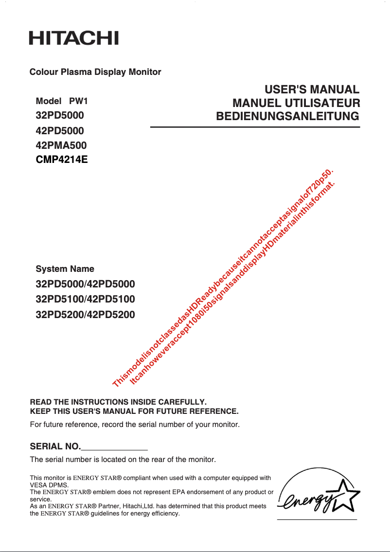 Page 1 de la notice Manuel utilisateur Hitachi 42PD5000