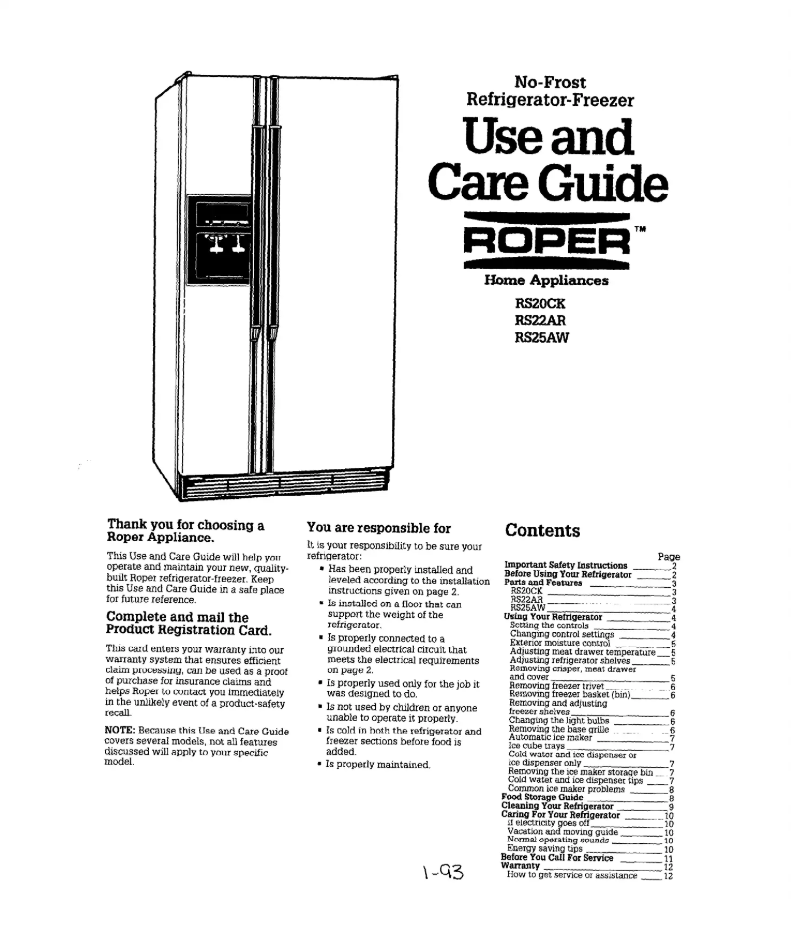 Page 1 de la notice Manuel utilisateur Roper RS20CKXZW00