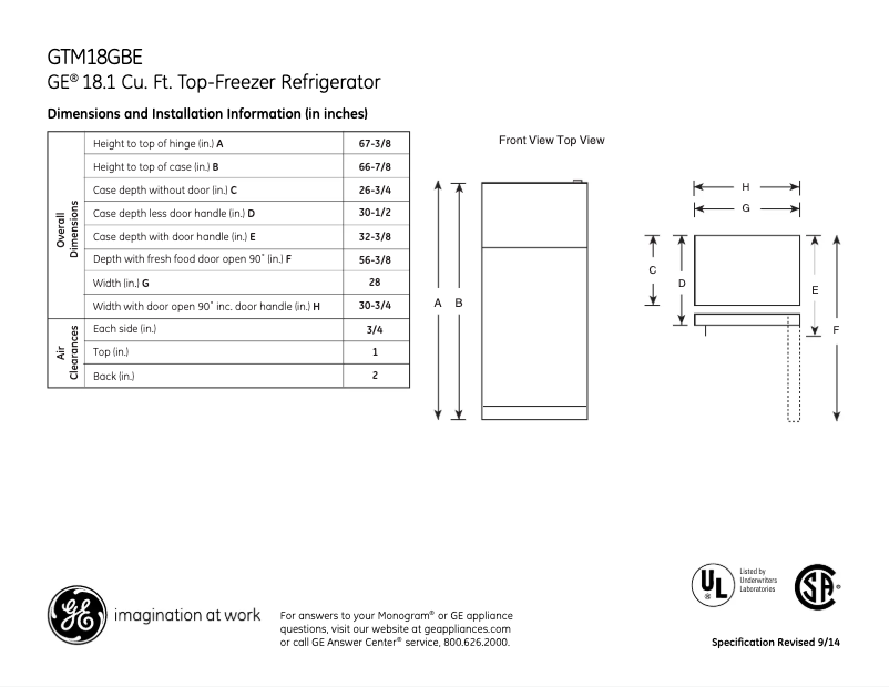 Page 1 de la notice Fiche technique GE GTM18GBEES
