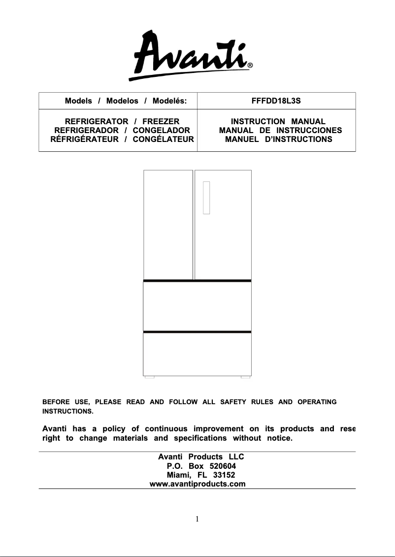 Page 1 de la notice Manuel utilisateur Avanti FFFDD18L3S