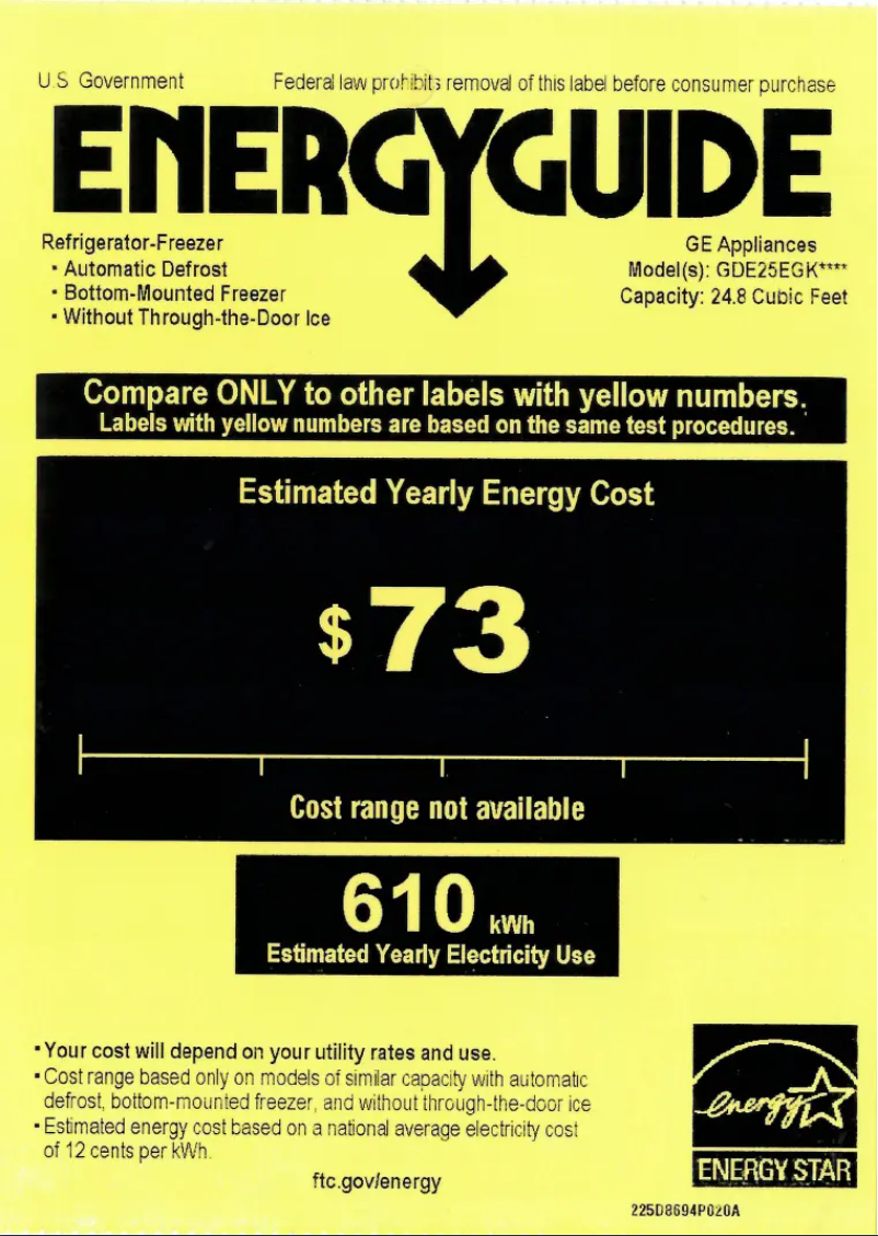 Page 1 de la notice Label énergétique GE GDE25EGKWW