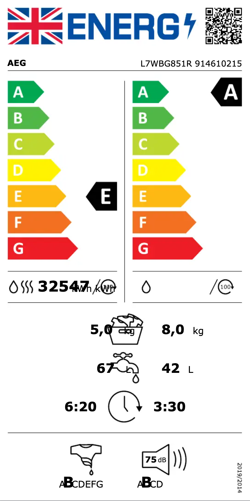 Page 1 de la notice Label énergétique AEG L7WBG851R