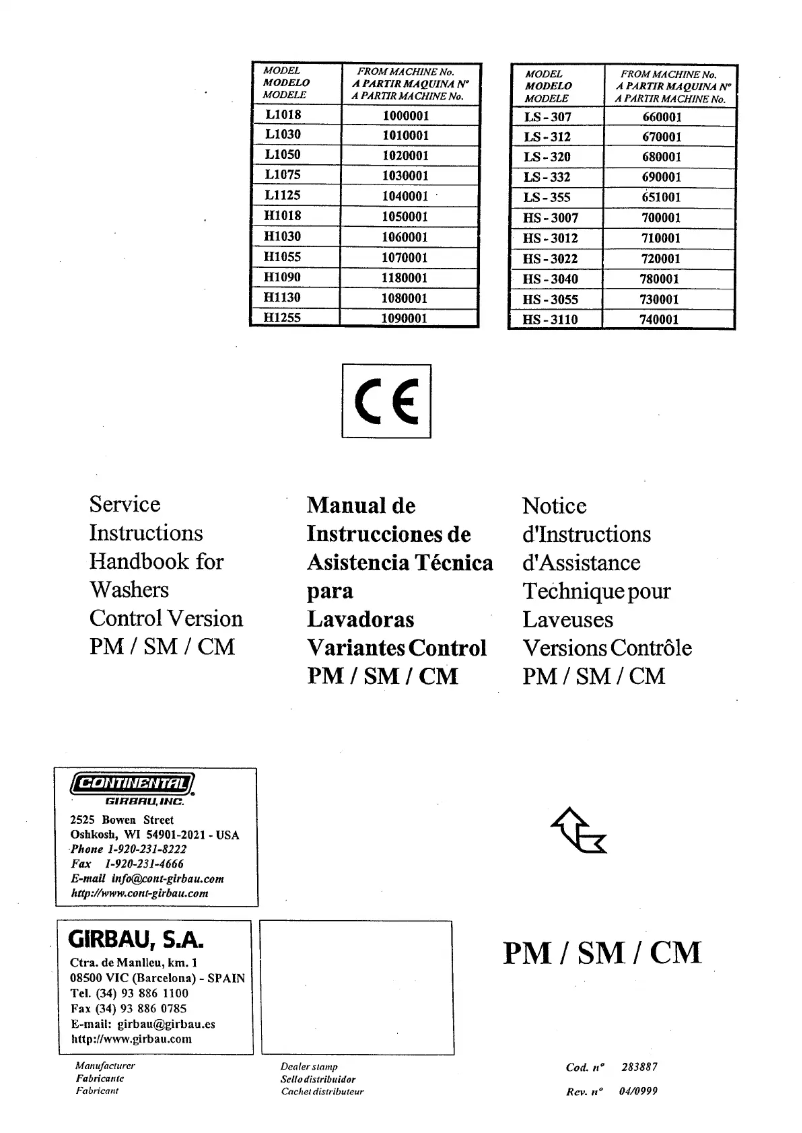 Page 1 de la notice Manuel utilisateur Girbau L-1018