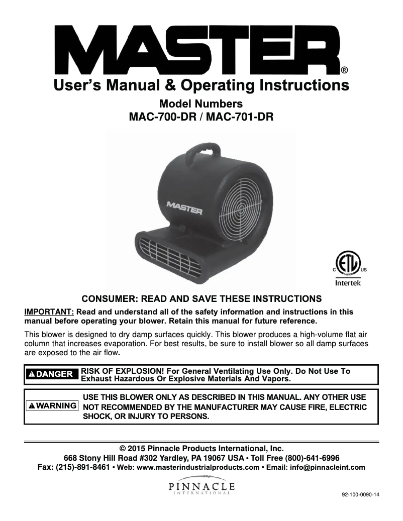 Page 1 de la notice Manuel utilisateur Master MAC-701-DR