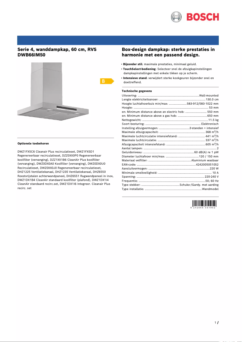 Page 1 de la notice Fiche technique Bosch DWB66IM50