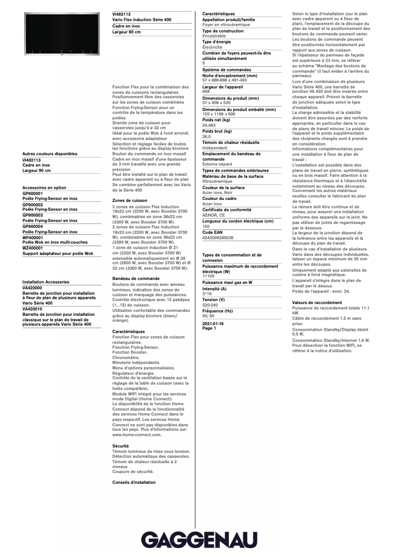 Page 1 de la notice Fiche technique Gaggenau VI492113