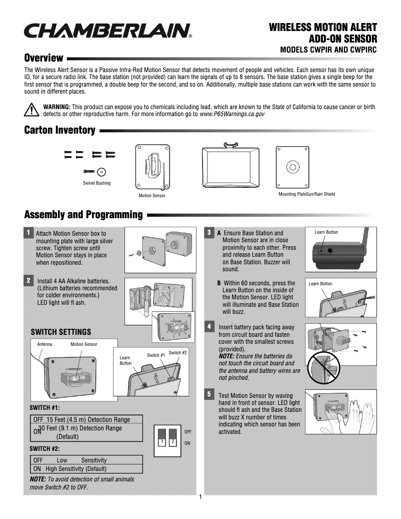 Page 1 de la notice Manuel utilisateur Chamberlain CWPIRC