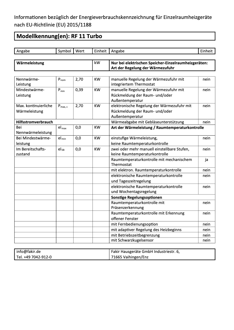 Page 1 de la notice Label énergétique Fakir RF-11 Turbo