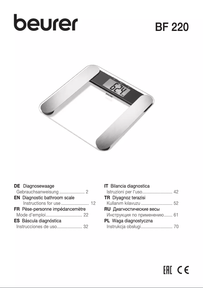 Page 1 de la notice Manuel d'utilisation et d'entretien Beurer BF 220