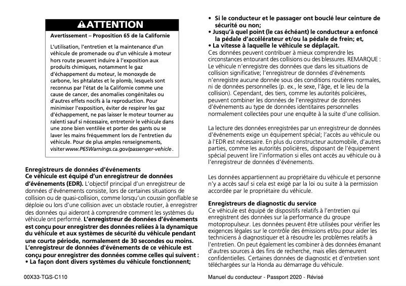 Page 1 de la notice Manuel utilisateur Honda Passport (2020)
