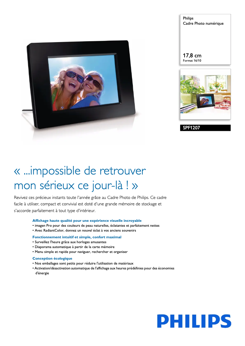 Page 1 de la notice Fiche technique Philips SPF1207