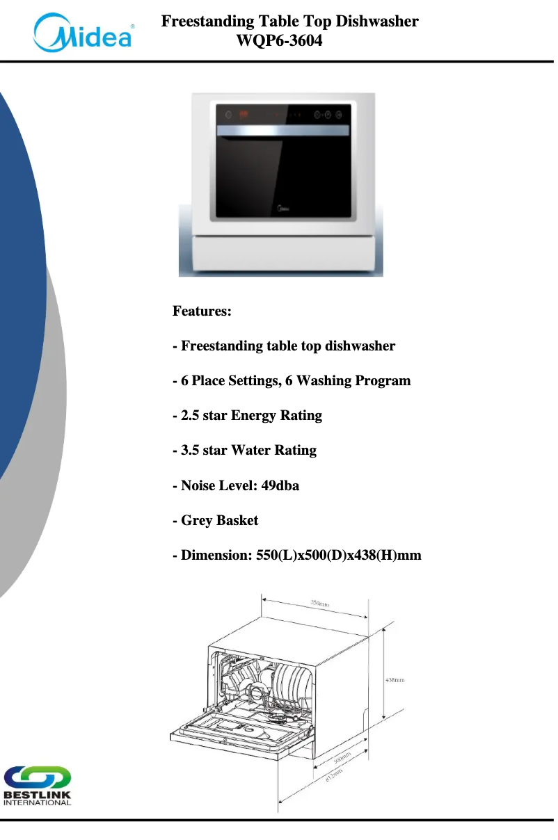 Page 1 de la notice Fiche technique Midea WQP6-3604